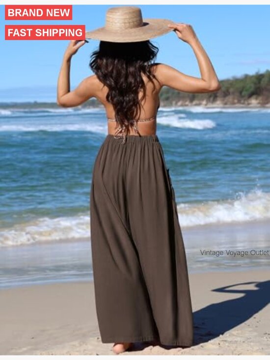 Linen Palazzo Pants Wide Leg Drawstring Casual Lounge Boho Beach - Picture 4 of 4